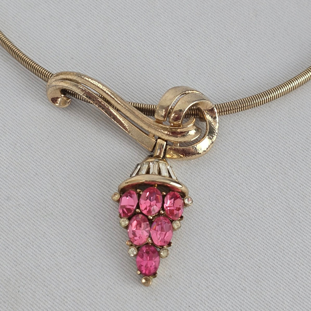 Vintage Coro Gold Tone Pink Rhinestone Pendant Necklace