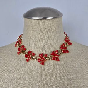 Vintage Coro Red Enamel Floral Link Necklace
