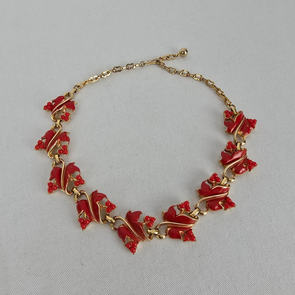 Vintage Coro Red Enamel Floral Link Necklace