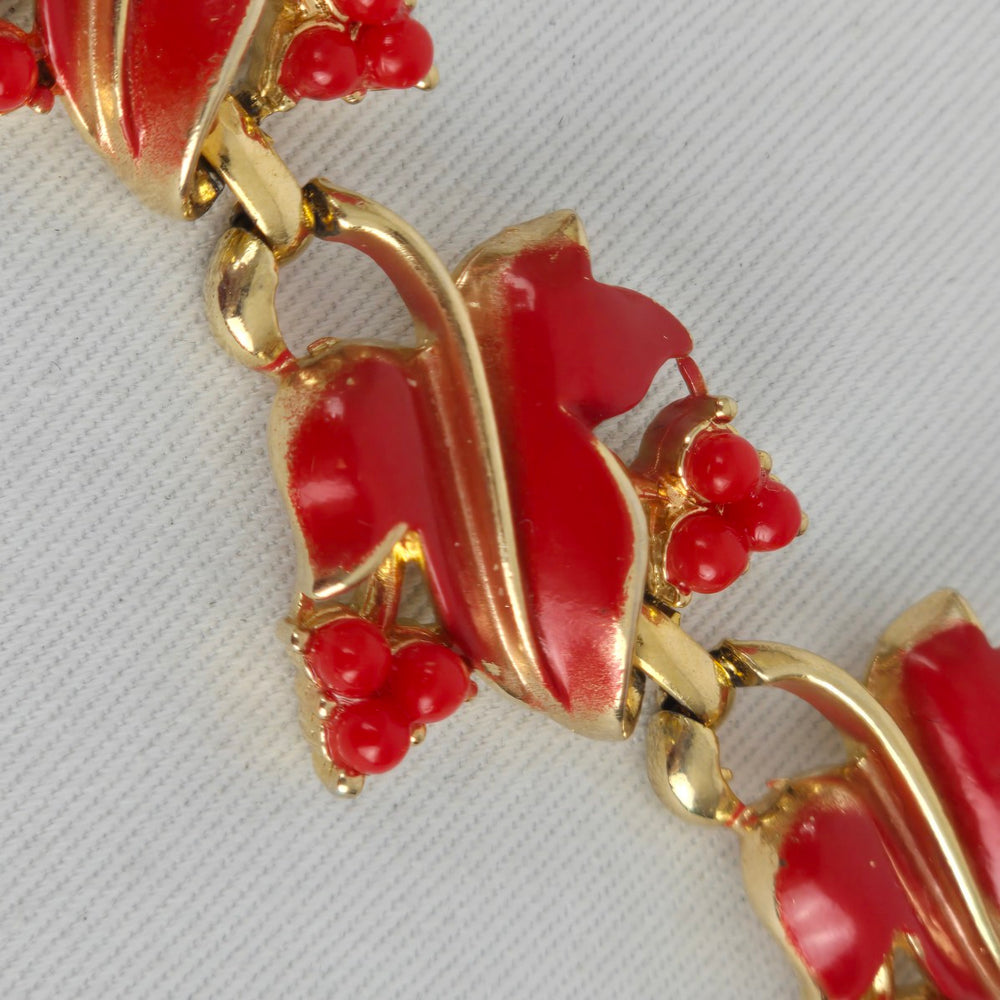 Vintage Coro Red Enamel Floral Link Necklace