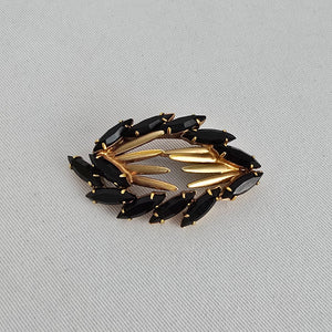 Vintage Gold Tone Black Rhinestone Leaf Brooch Pin
