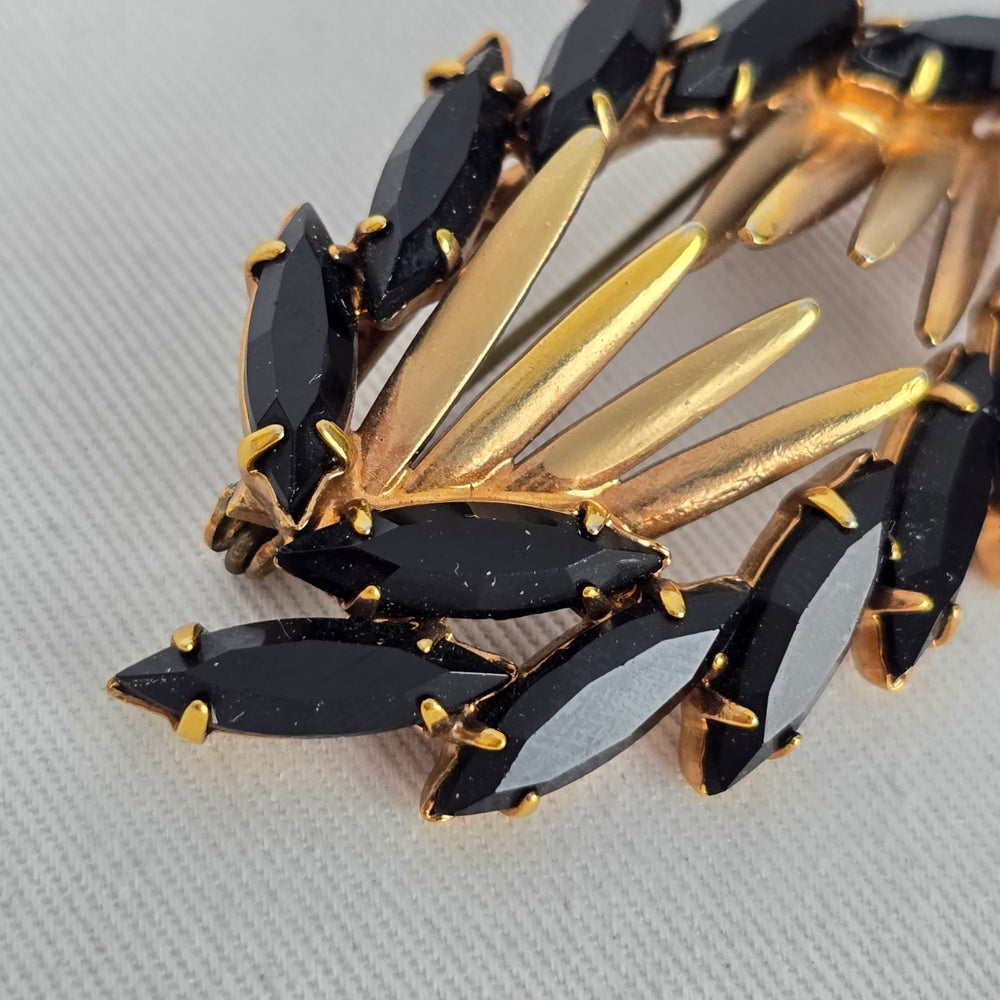 Vintage Gold Tone Black Rhinestone Leaf Brooch Pin
