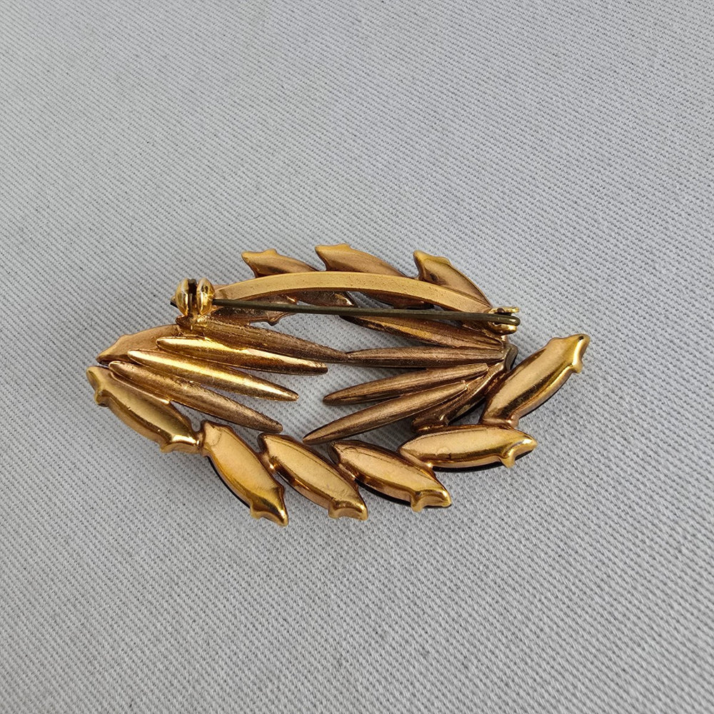 Vintage Gold Tone Black Rhinestone Leaf Brooch Pin