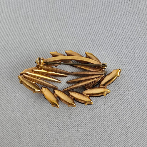 Vintage Gold Tone Black Rhinestone Leaf Brooch Pin