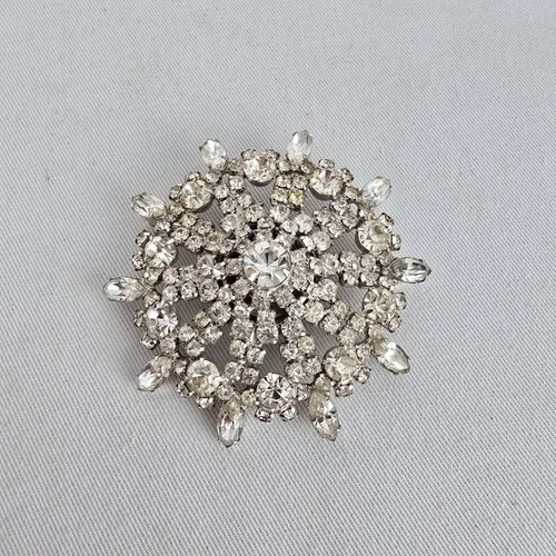 Vintage Clear Rhinestone Statement Brooch Silver Tone