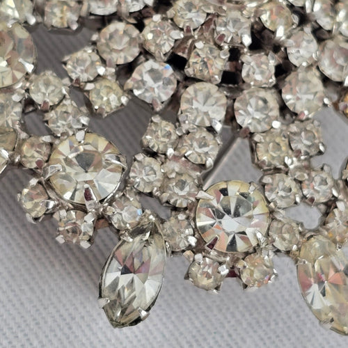 Vintage Clear Rhinestone Statement Brooch Silver Tone