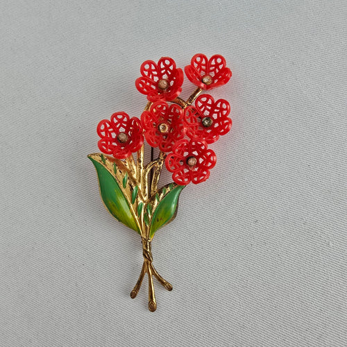Vintage Red Flower Bouquet Brooch Gold Tone Enamel Pin