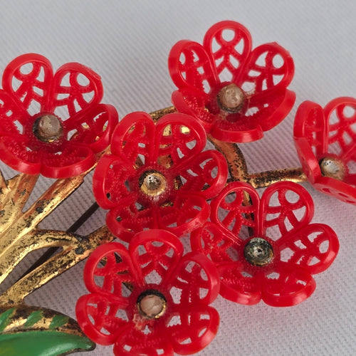 Vintage Red Flower Bouquet Brooch Gold Tone Enamel Pin