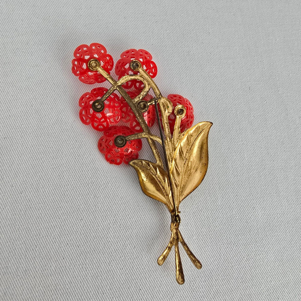 Vintage Red Flower Bouquet Brooch Gold Tone Enamel Pin
