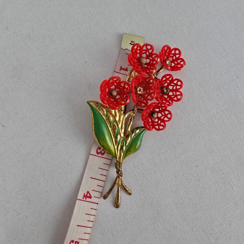Vintage Red Flower Bouquet Brooch Gold Tone Enamel Pin