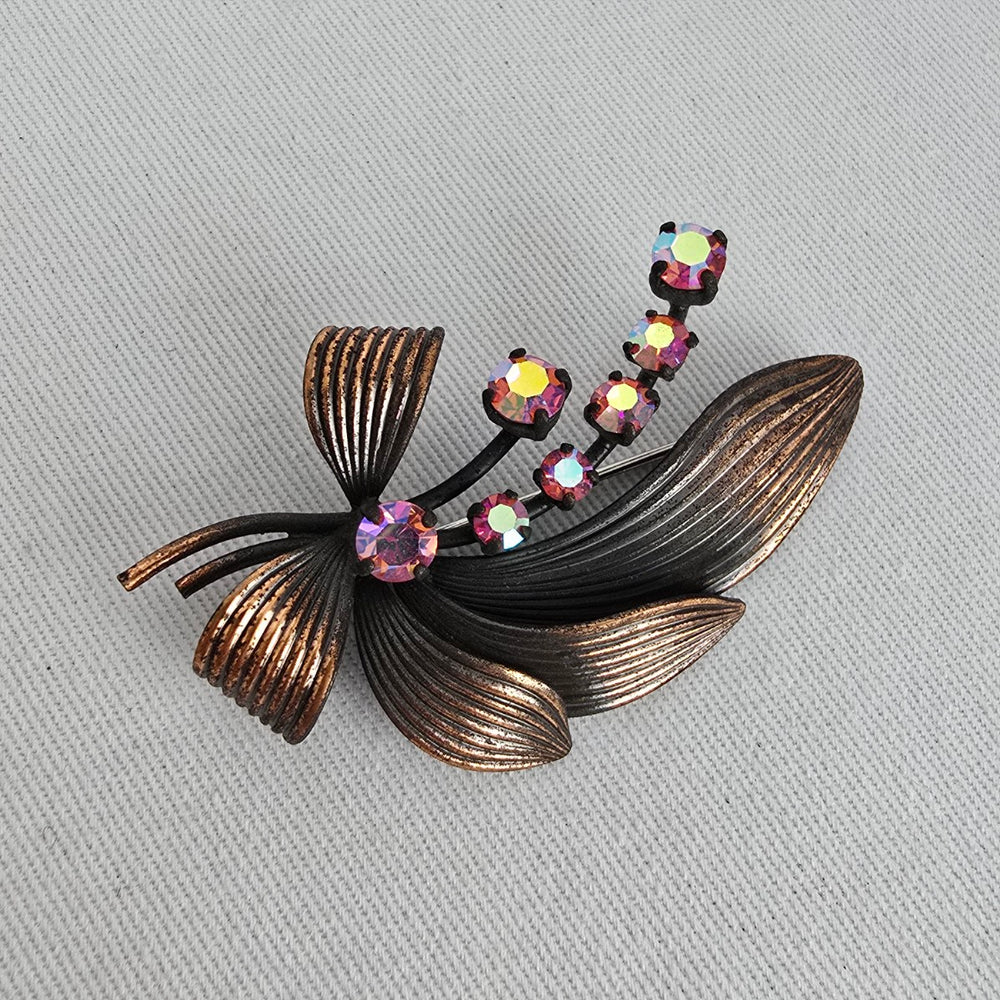 Vintage Copper Tone Floral Brooch with Aurora Borealis Rhinestones