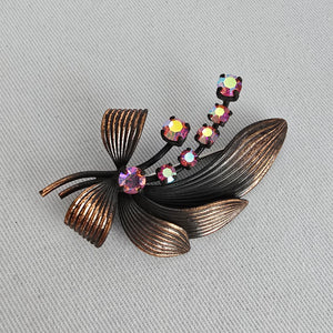 Vintage Copper Tone Floral Brooch with Aurora Borealis Rhinestones