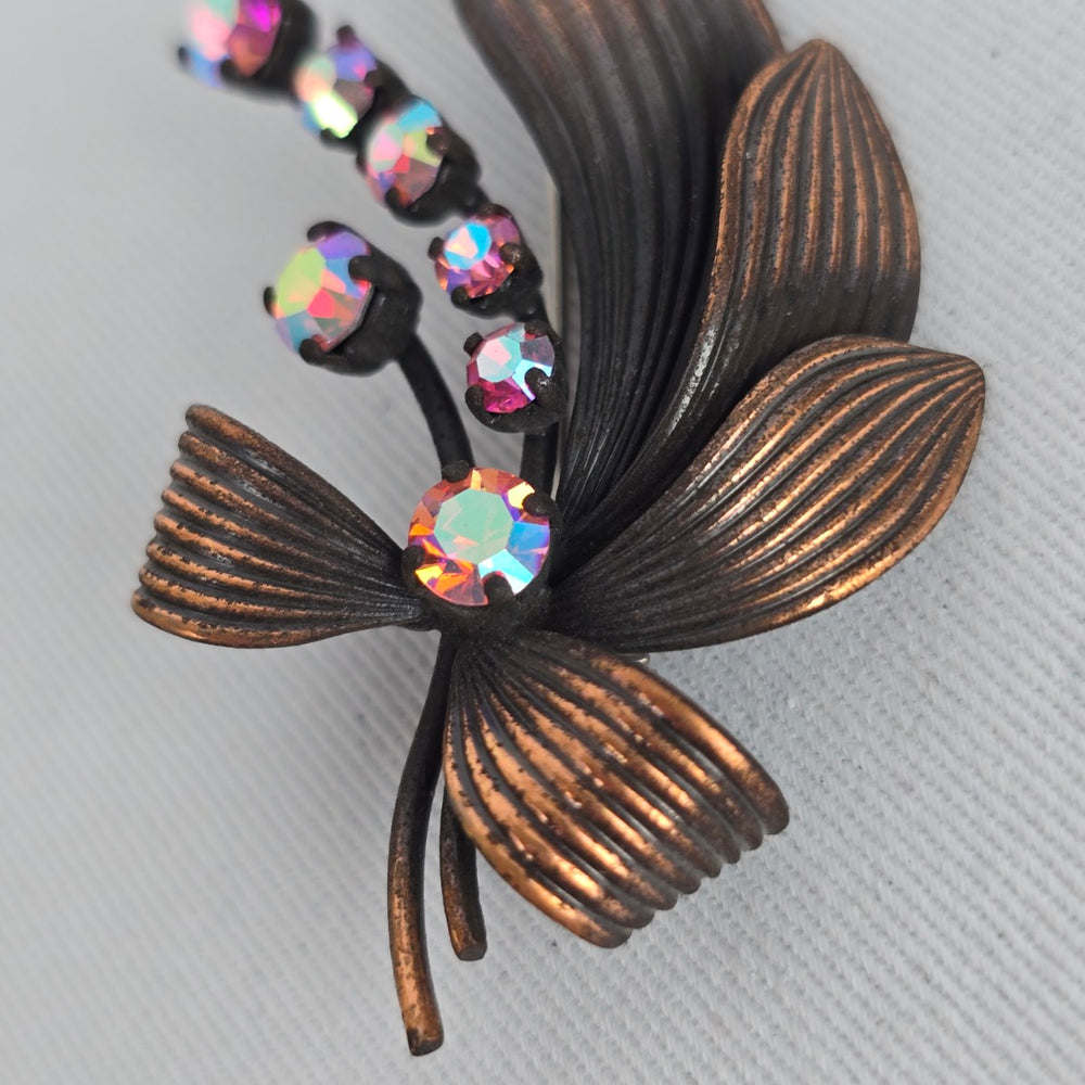 Vintage Copper Tone Floral Brooch with Aurora Borealis Rhinestones