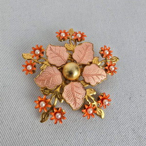 Vintage Pink Orange Floral Brooch Faux Pearl Gold Tone Pin