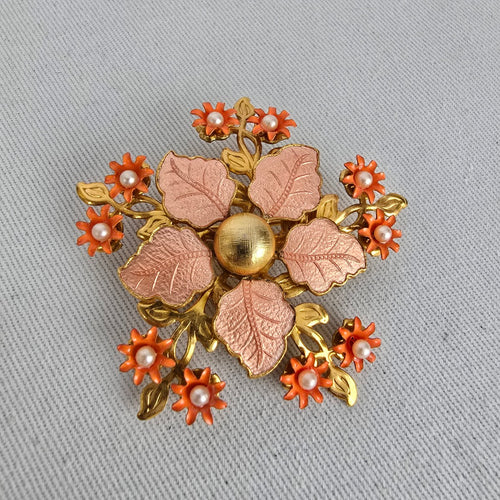 Vintage Pink Orange Floral Brooch Faux Pearl Gold Tone Pin