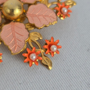 Vintage Pink Orange Floral Brooch Faux Pearl Gold Tone Pin