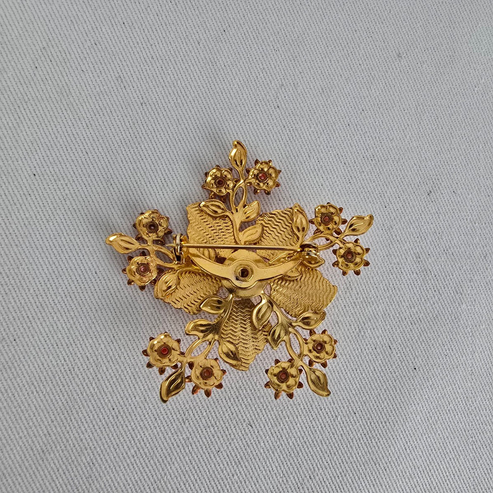 Vintage Pink Orange Floral Brooch Faux Pearl Gold Tone Pin
