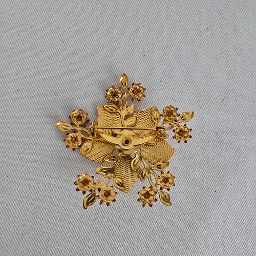 Vintage Pink Orange Floral Brooch Faux Pearl Gold Tone Pin