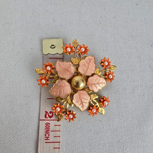 Vintage Pink Orange Floral Brooch Faux Pearl Gold Tone Pin