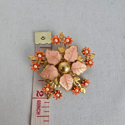 Vintage Pink Orange Floral Brooch Faux Pearl Gold Tone Pin
