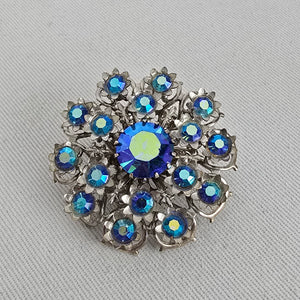 Vintage Blue Aurora Borealis Rhinestone Flower Brooch