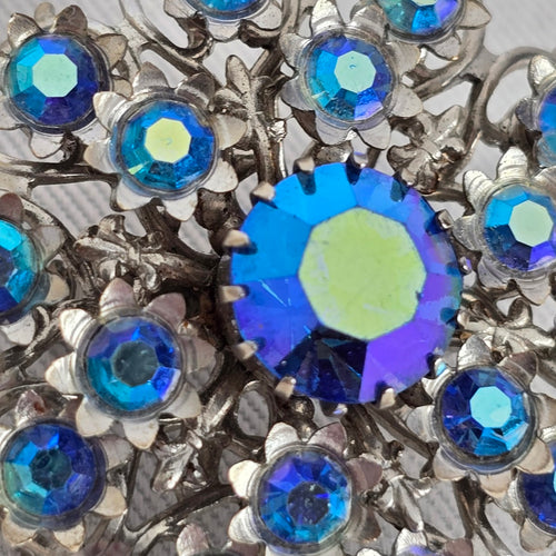 Vintage Blue Aurora Borealis Rhinestone Flower Brooch