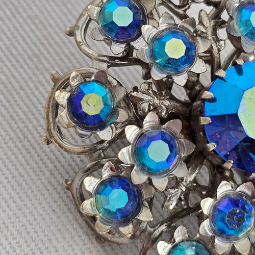 Vintage Blue Aurora Borealis Rhinestone Flower Brooch