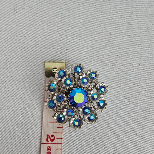 Vintage Blue Aurora Borealis Rhinestone Flower Brooch