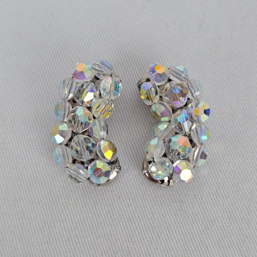Vintage Aurora Borealis Crystal Clip On Earrings