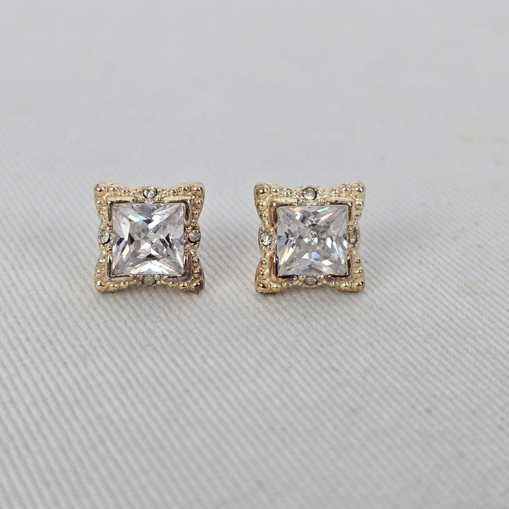 Gold Tone Princess Cut Crystal Stud Earrings