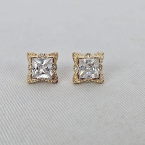 Gold Tone Princess Cut Crystal Stud Earrings