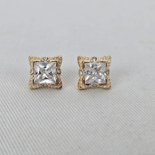 Gold Tone Princess Cut Crystal Stud Earrings