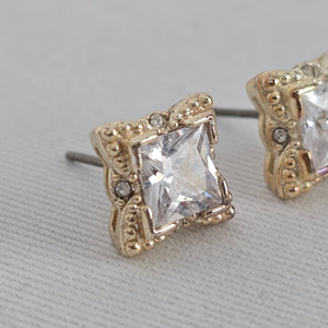 Gold Tone Princess Cut Crystal Stud Earrings