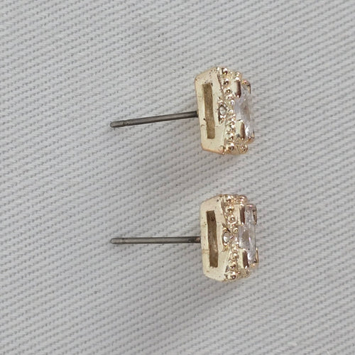 Gold Tone Princess Cut Crystal Stud Earrings
