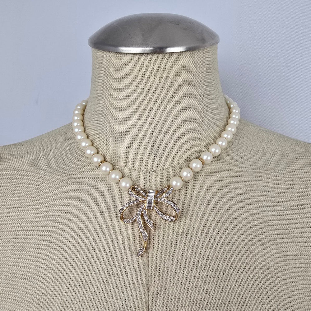 Vintage D'Orlan Faux-Pearl & Swarovski Crystal Bow Necklace
