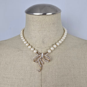 Vintage D'Orlan Faux-Pearl & Swarovski Crystal Bow Necklace
