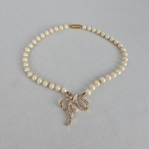 Vintage D'Orlan Faux-Pearl & Swarovski Crystal Bow Necklace