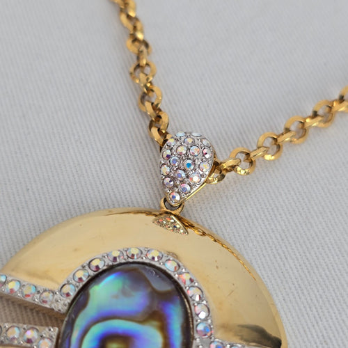 FAC Fifth Avenue Collection Gold Abalone Rhinestone Pendant Necklace