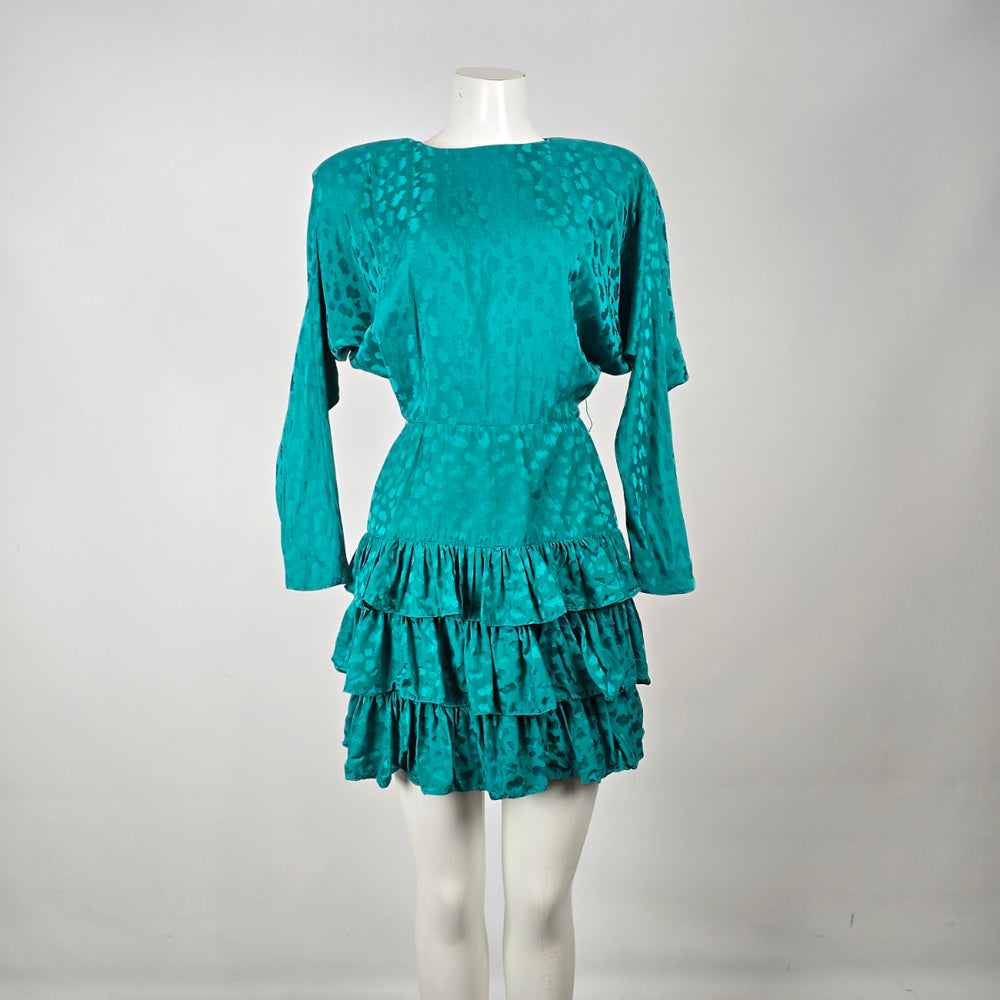 Vintage St. Gillian Silks Teal 100% Silk Ruffle Dress Size 4