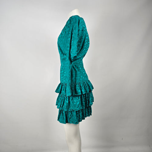 Vintage St. Gillian Silks Teal 100% Silk Ruffle Dress Size 4