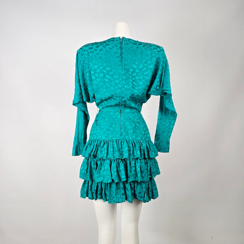 Vintage St. Gillian Silks Teal 100% Silk Ruffle Dress Size 4