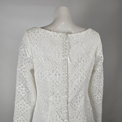 Modest by Mon Cheri White Lace Long Sleeve Wedding Dress Size 14