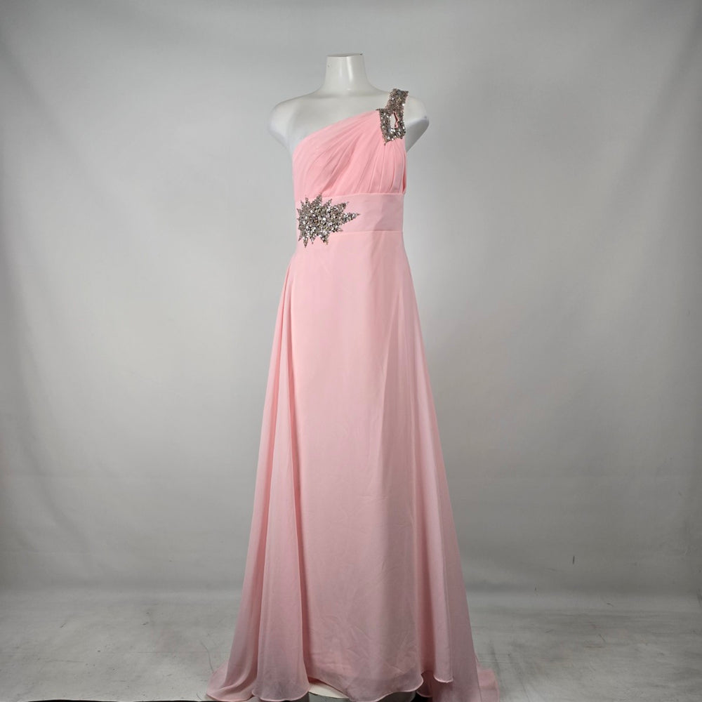 Pink One Shoulder Beaded Formal Gown Size 13