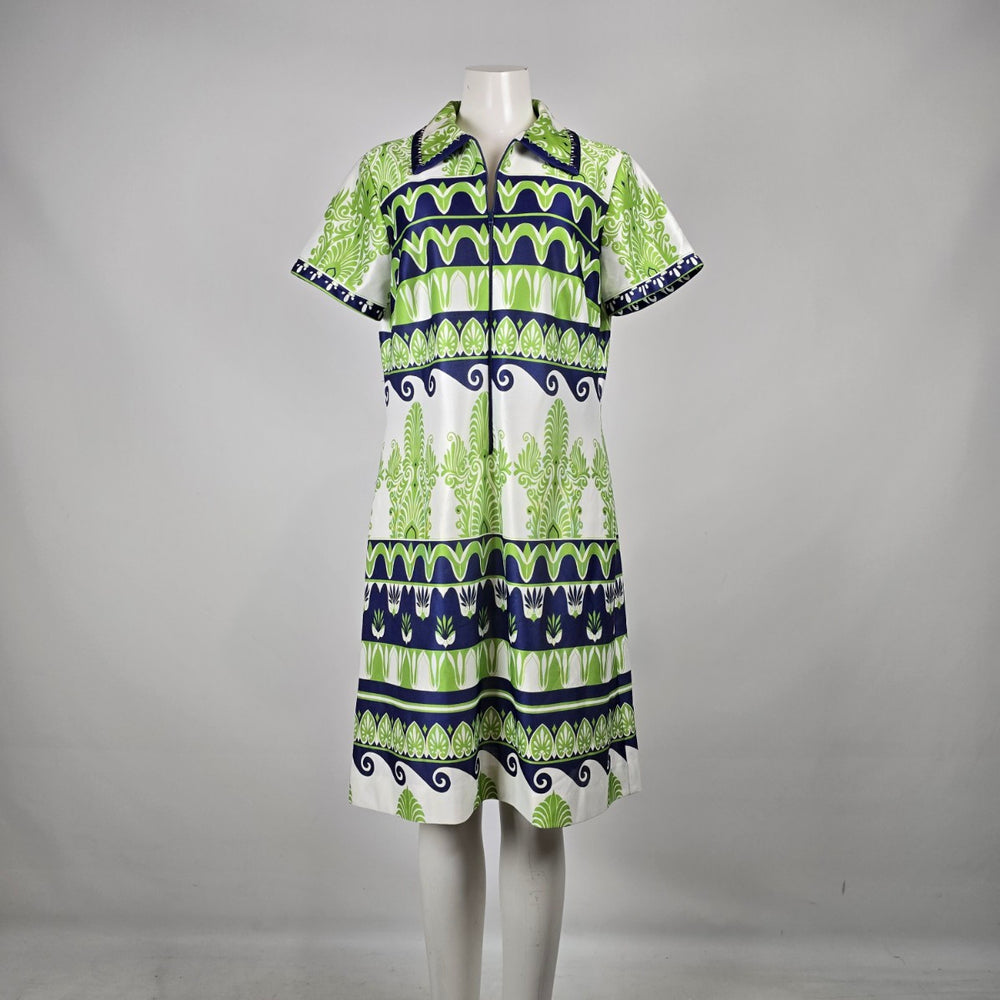 Vintage Leo-Danal Green Navy Mod Zip Front Dress Size M/L