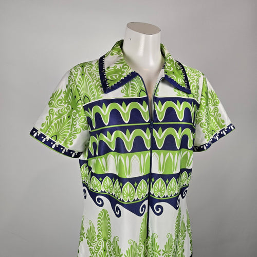 Vintage Leo-Danal Green Navy Mod Zip Front Dress Size M/L