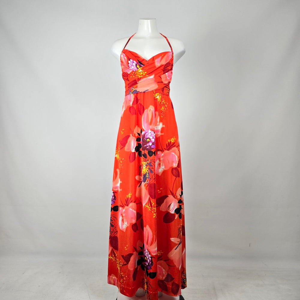 Vintage Lilia Honolulu Orange Floral Halter Maxi Dress Size M/L