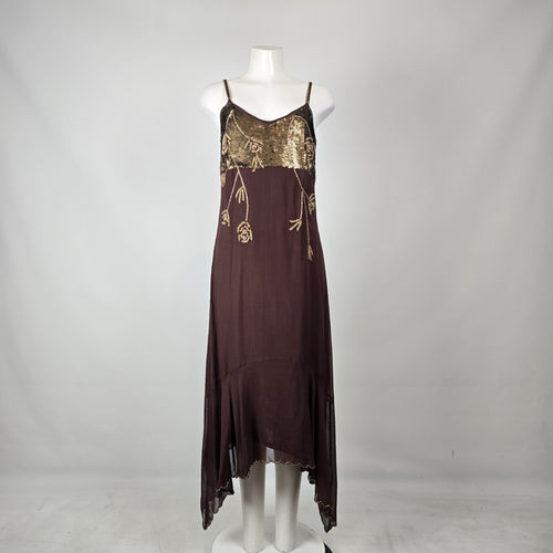 Raindrops Brown Gold Beaded Sequin Dress Size M