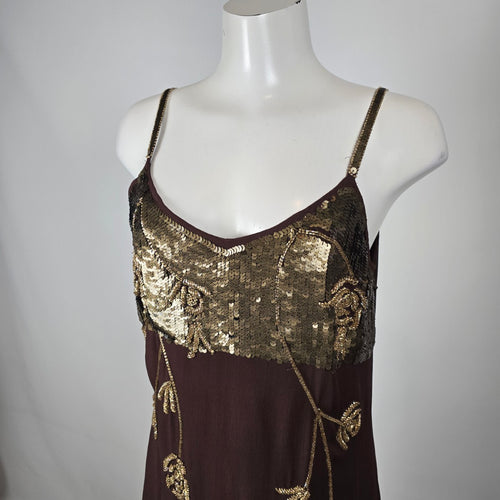 Raindrops Brown Gold Beaded Sequin Dress Size M