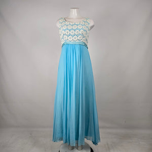 Vintage Blue Chiffon Floral Lace Maxi Dress Size S/M