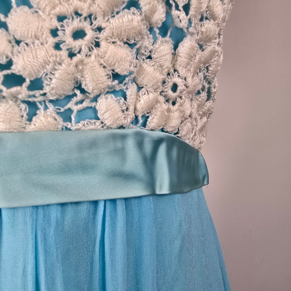 Vintage Blue Chiffon Floral Lace Maxi Dress Size S/M
